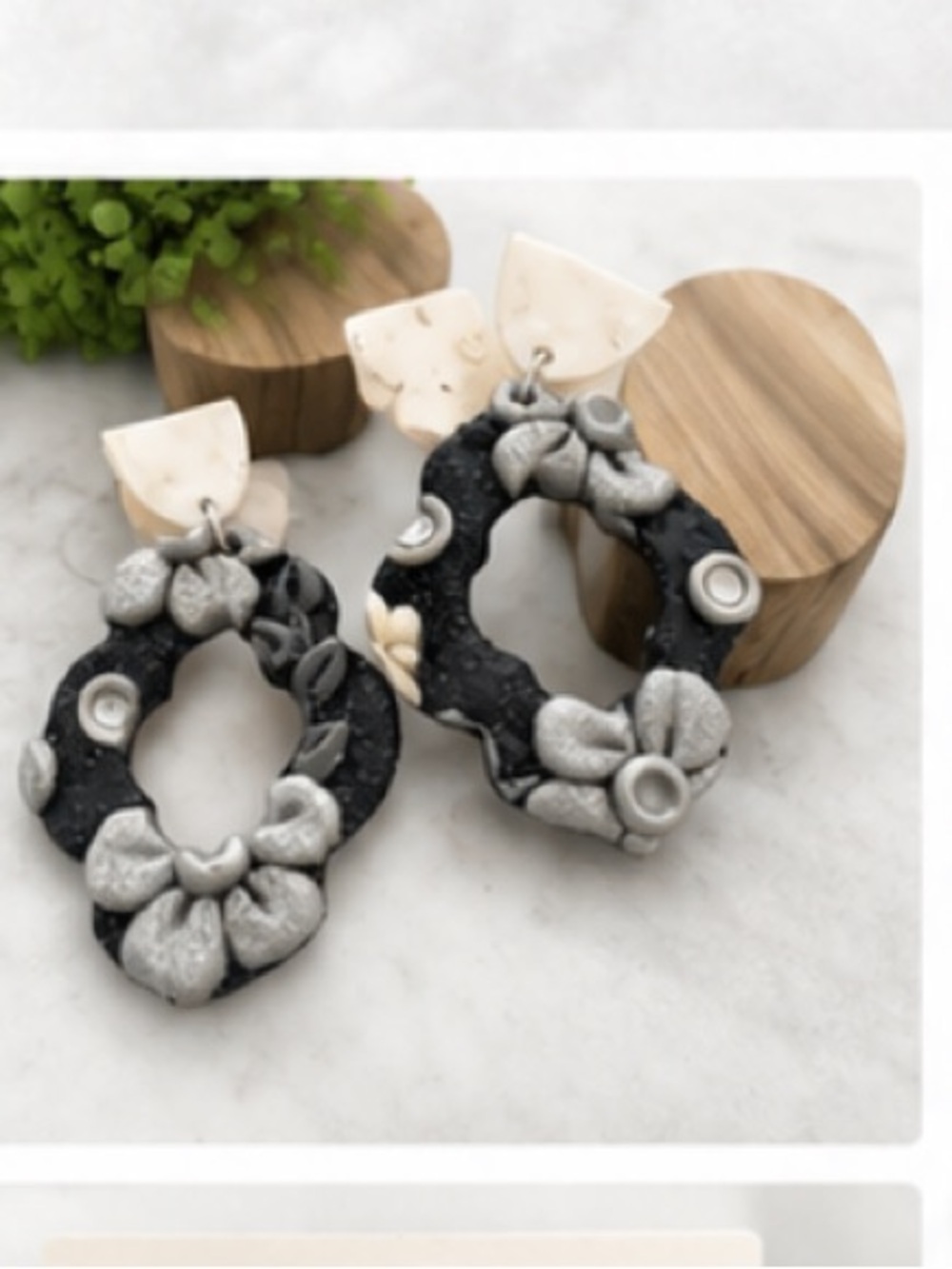 Black and Silver Floral Hoop Dangle Earrings with Cream Accents